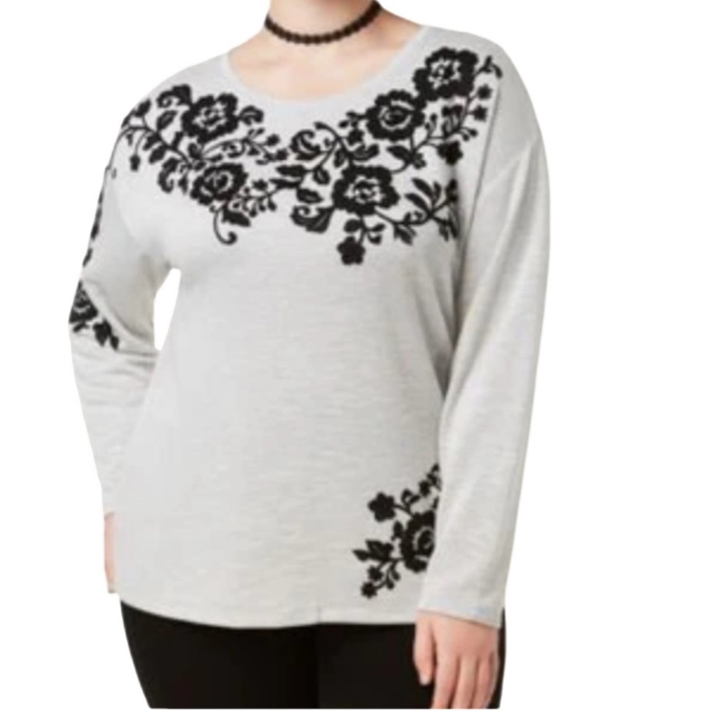 INC International Concepts top. Size L. Light gray with black floral appliqués.